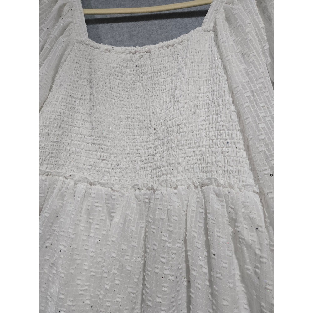 Arula Womens White Smocked Mini Dress Plus Size B 2XL Glitter Star Puff Sleeve - Picture 4 of 8
